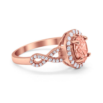 Art Deco Halo Wedding Ring Oval Rose Tone, Simulated Morganite CZ 925 Sterling Silver